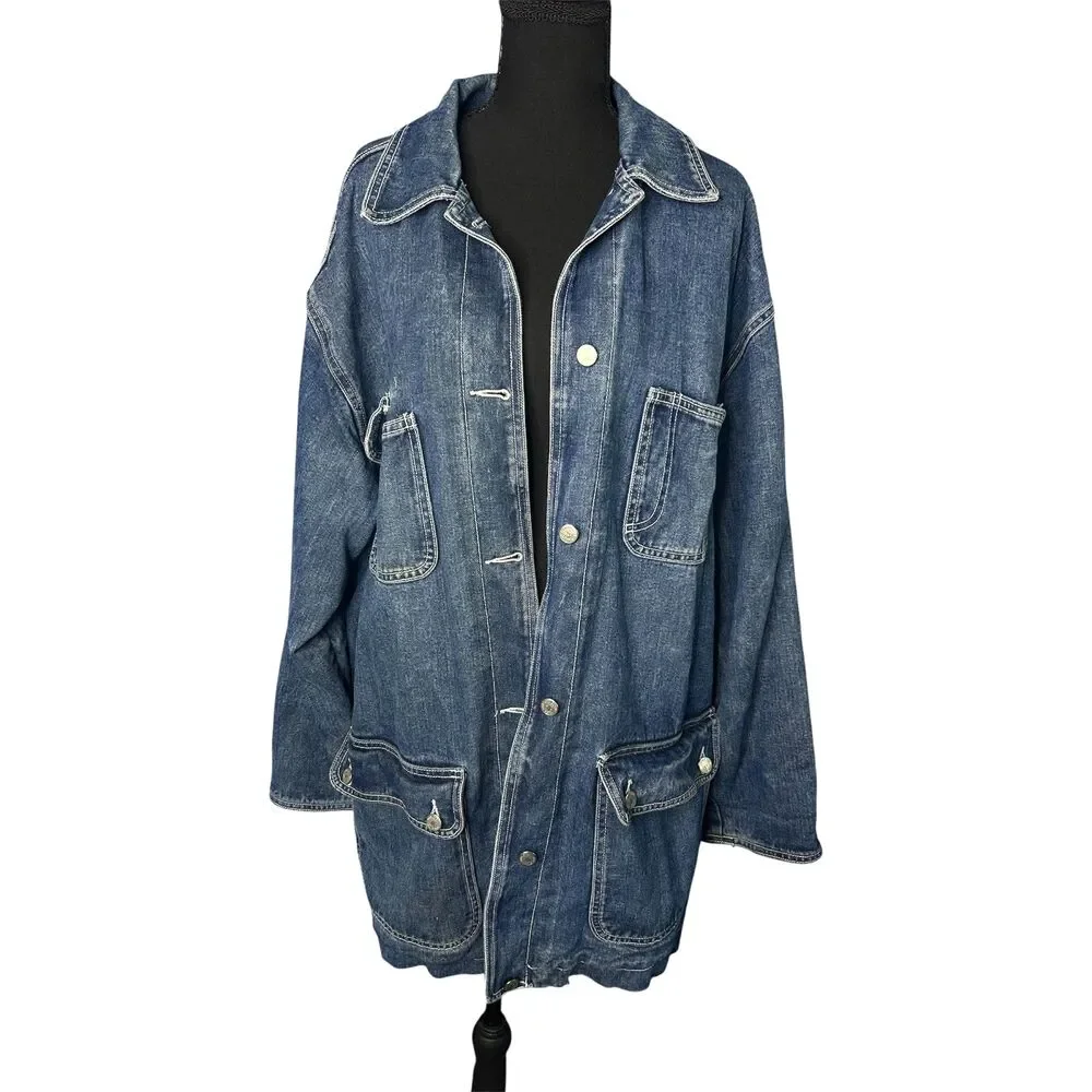 Vtg‎ Jones New York Womens Denim Chore Jacket 2X Classic Barn Plaid Cotton Dark